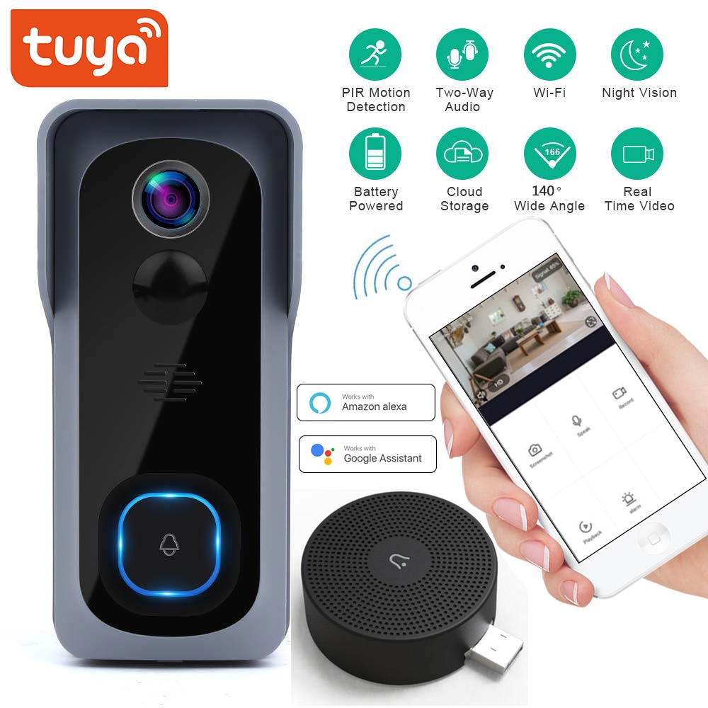 Tuya-sonnette connectée wi-fi 1080P, compatible Google home, Amazon Alexa, Chromecast, contrôle vocal, sonnette connectée et caméra Cloud
