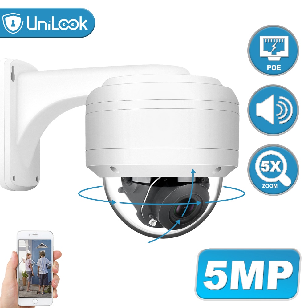 UniLook-caméra de surveillance dôme extérieure PTZ IP POE hd 5MP, dispositif de sécurité avec Zoom x5 et Microphone intégré, système infrarouge (35m), étanche, 66 H.265, protocole ONVIF P2P